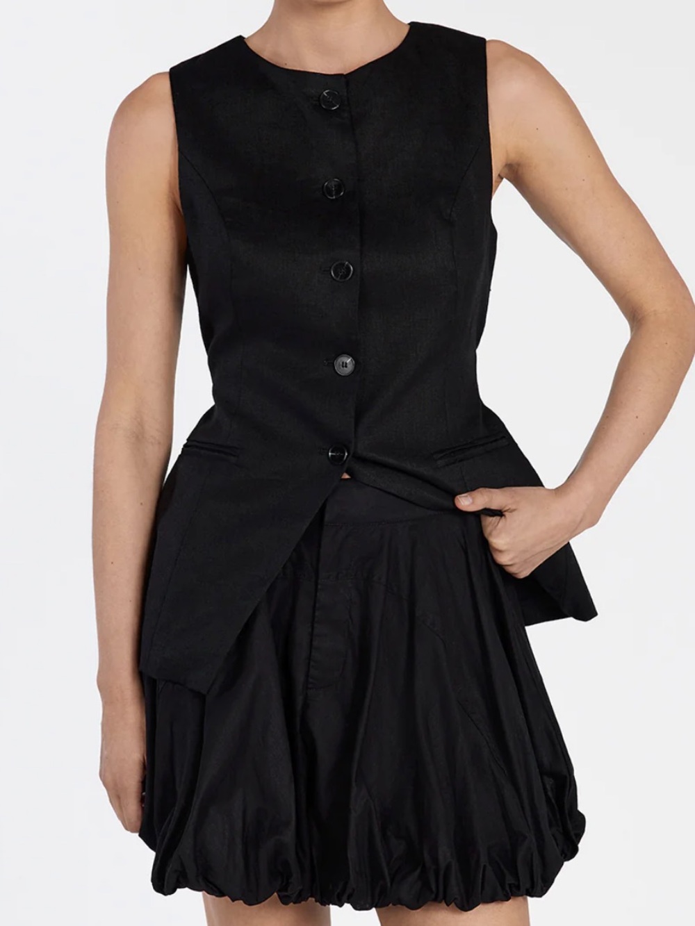 New DISSH Maria High Rise Balloon Hem Black Linen Cotton Mini Skirt Boho